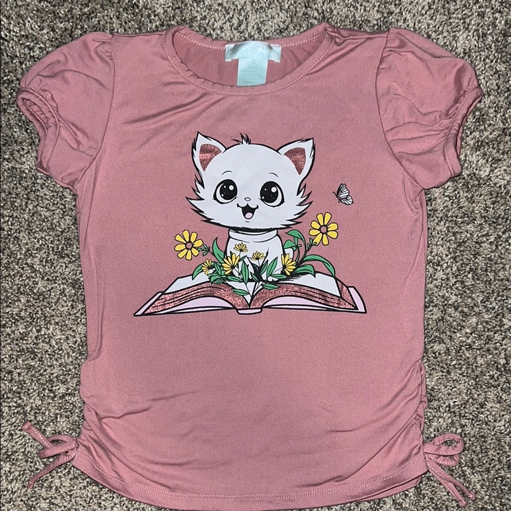 Adorable Pink Cartoon Cat Short Sleeve Tee